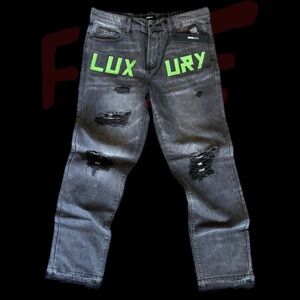 Fashion Nova Gray Distressed Jeans with Green Accents